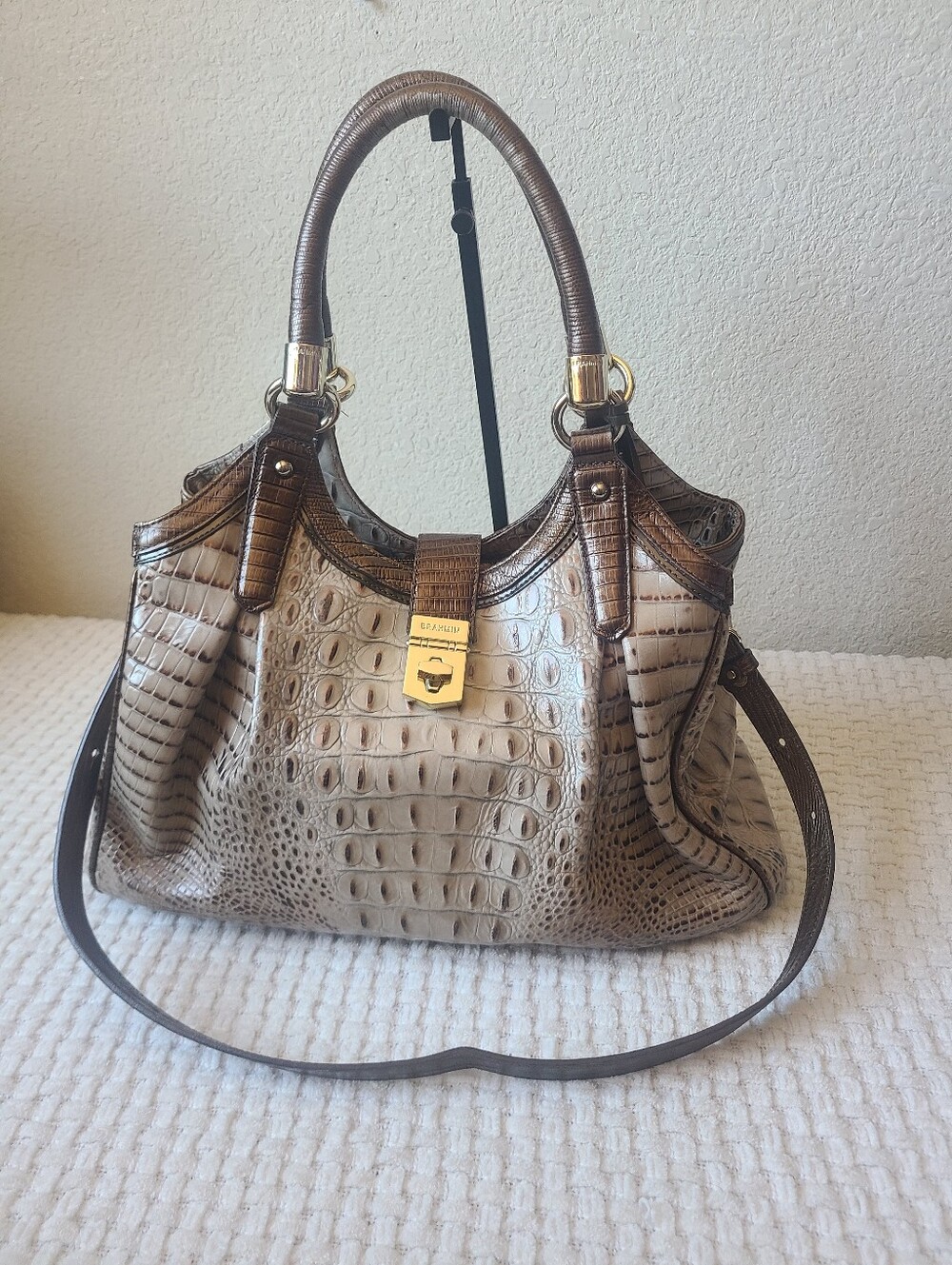 Brahmin Beige Brown Croc-Embossed Leather Shoulder Satchel
